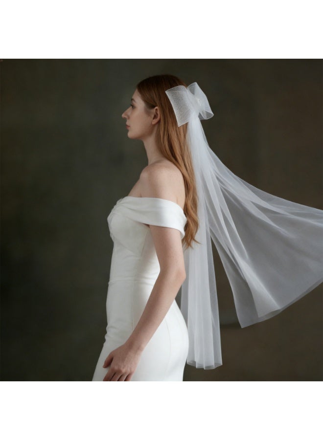 White Bridal Veil with a bow Pearls Bows Multi-Layer Semi-Transparent Tulle Brides Veil with Hair Comb - Image 3