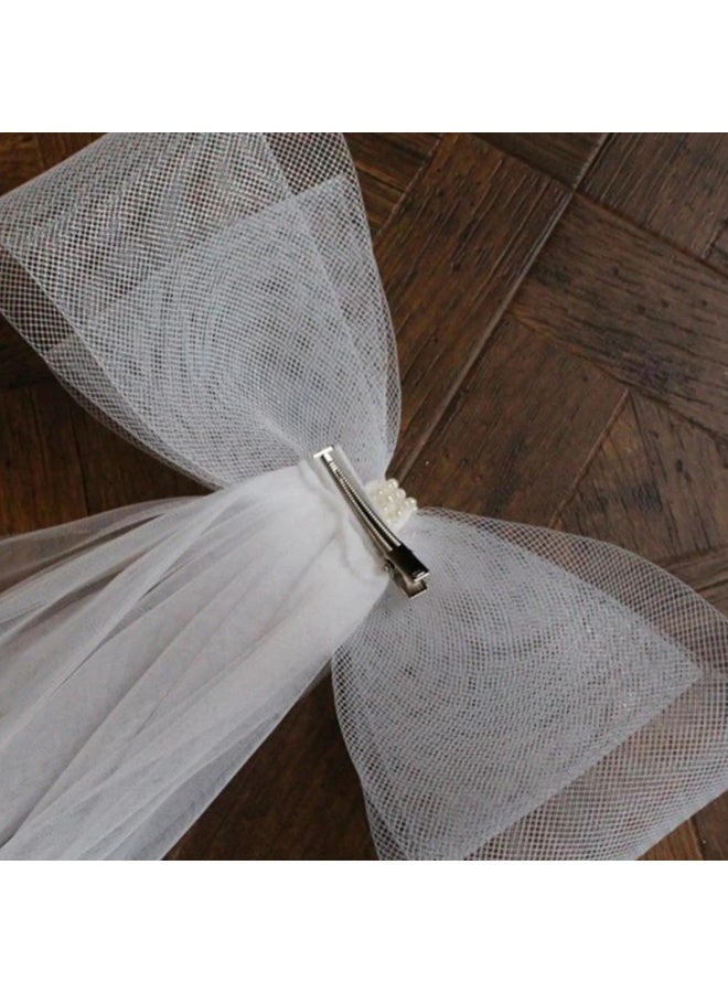 White Bridal Veil with a bow Pearls Bows Multi-Layer Semi-Transparent Tulle Brides Veil with Hair Comb - Image 5