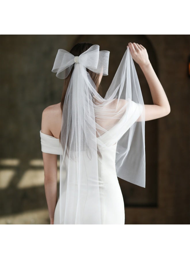 White Bridal Veil with a bow Pearls Bows Multi-Layer Semi-Transparent Tulle Brides Veil with Hair Comb - Image 2