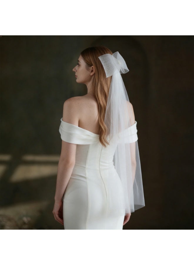 White Bridal Veil with a bow Pearls Bows Multi-Layer Semi-Transparent Tulle Brides Veil with Hair Comb - Image 4