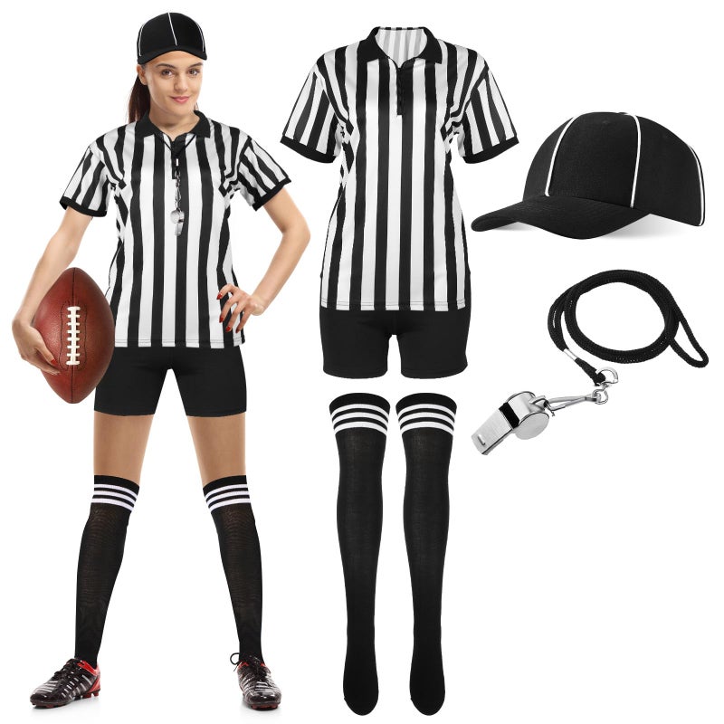 SATINIOR 6 Pcs Women Referee Costume Black and White Stripe Ref Shirt Jersey Shorts Referee Hat for Halloween Party CosplayLarge - Image 2