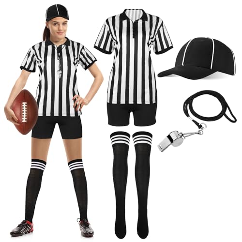 SATINIOR 6 Pcs Women Referee Costume Black and White Stripe Ref Shirt Jersey Shorts Referee Hat for Halloween Party CosplayLarge - Image 1