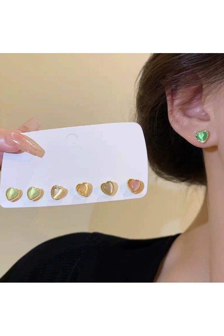 Goolsky 6-Pair Colorful Cat Eye Stud Earrings Set – Heart & Minimalist Designs, Elegant Jewelry Pack for Women, Daily/Party Versatile - Image 1