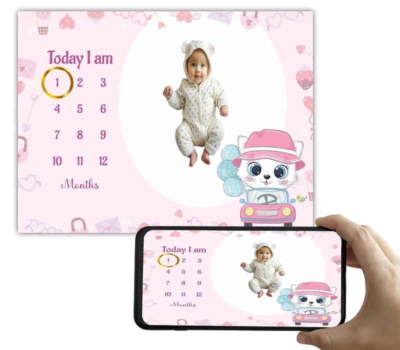 Hoolloomooloo Baby Monthly Milestone Blanket 112 Months Soft AllSeason AC Blanket Ideal for Newborn Boys Girls Perfect Growth Tracker Photoshoot Prop with Cute Kitty 120x90 cm - Image 1