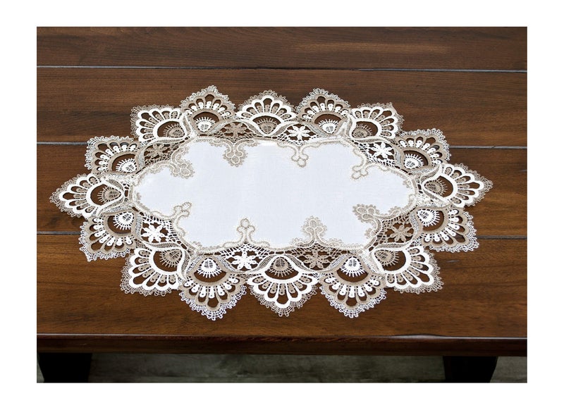Cocoa Earth Tone and White Jacquard European Peacock Lace Placemat Dresser Scarf Doily 14Wx21L