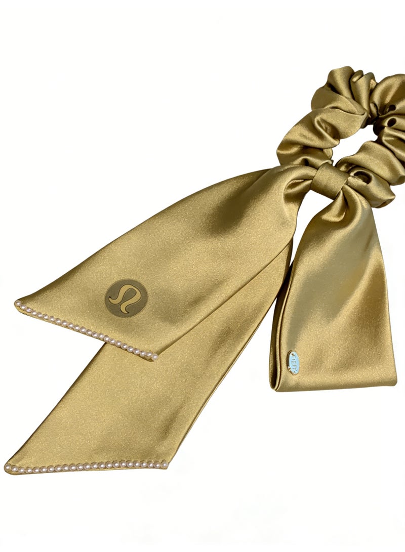 Lululemon Gold Satin Scarf Scrunchie - Luxury Silk Hair Tie with Bow Detail & Pearl Trim for Styling & Hair Care - Image 2