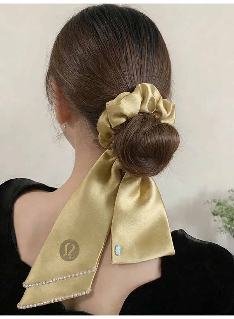 Lululemon Gold Satin Scarf Scrunchie - Luxury Silk Hair Tie with Bow Detail & Pearl Trim for Styling & Hair Care - Image 4