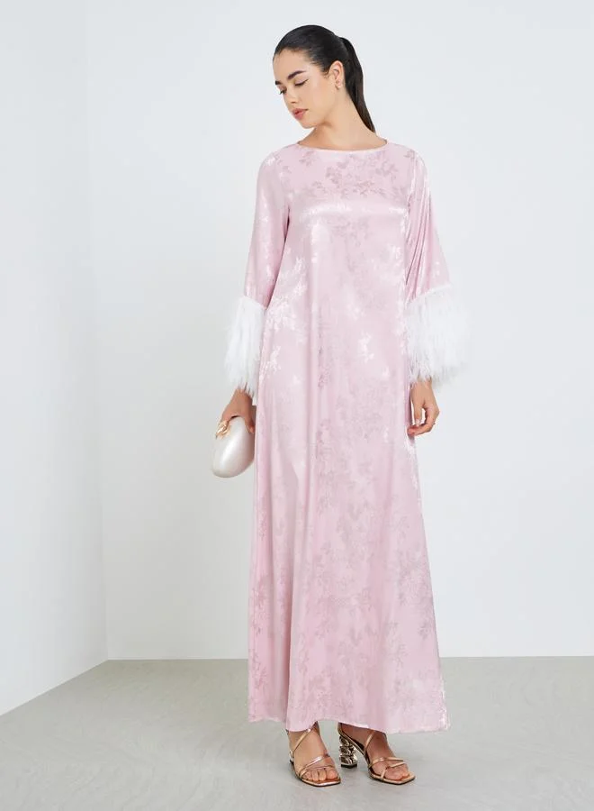 Amirah Women Jacquard Jalabiya with Faux Feather Trim