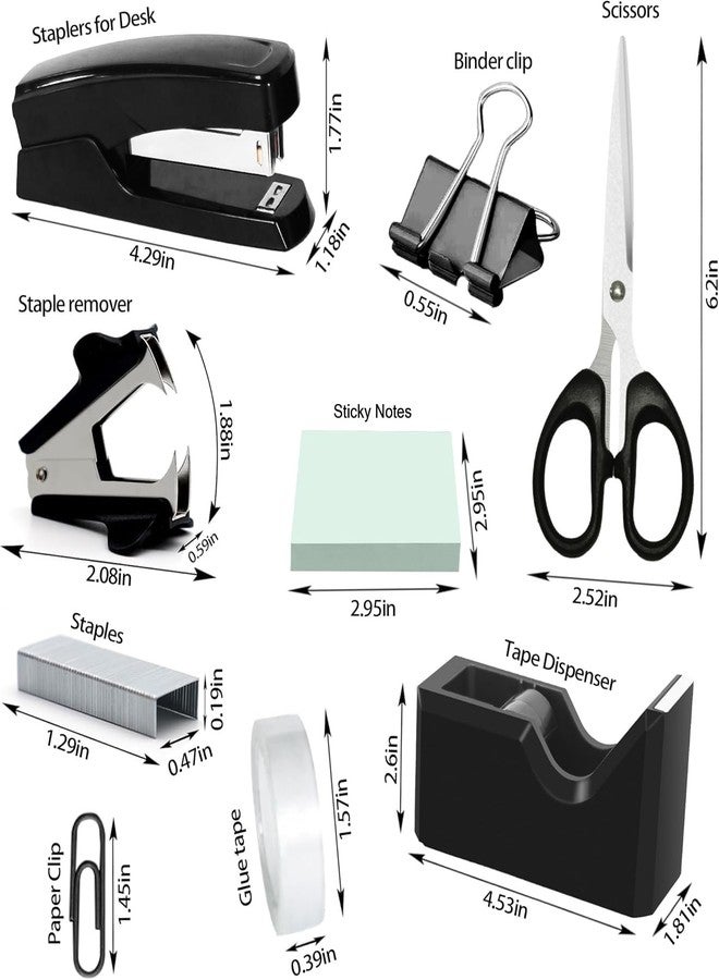 Daphilly Black Office Desk Accessories,Desk Drawer Organizer,Stapler and Tape Dispenser Set for with Stapler,Tape Dispenser, Staple Remover, Staples, Clips,Scissor and Sticky Note (Black) - Image 2