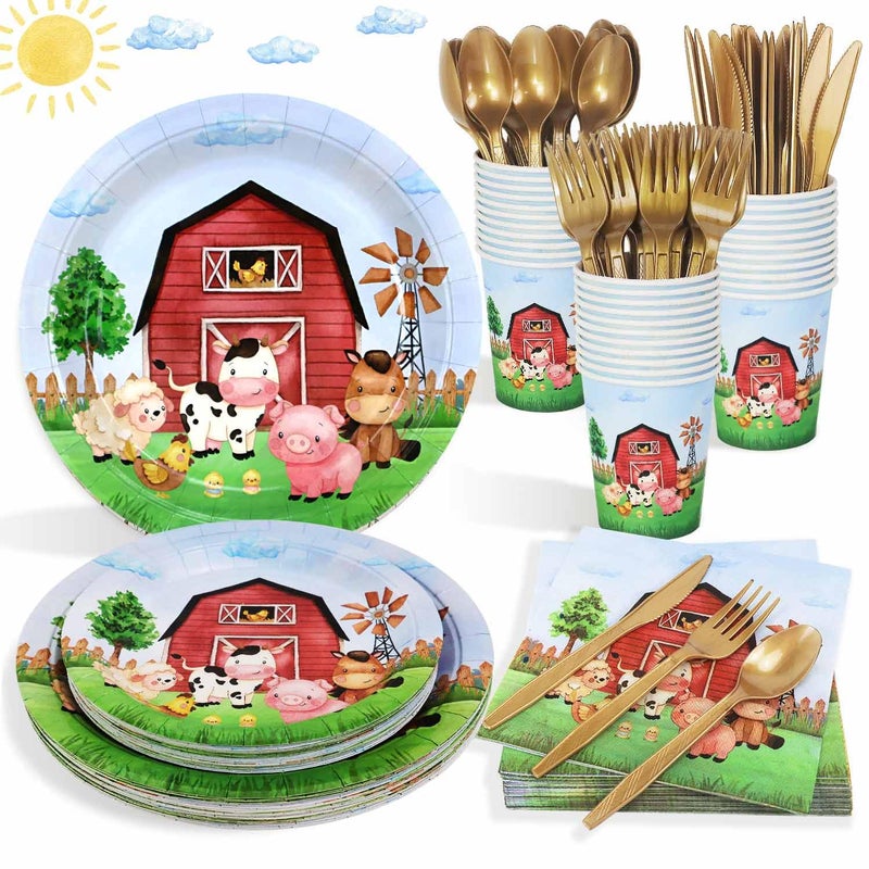 Heboland 175 Pcs Farm Birthday Decorations Plates Set 25 Guests, Farm Animals Theme Baby Shower Watercolor Paper Plates Napkins Cups Cutlery Set Party Supplies - Image 1