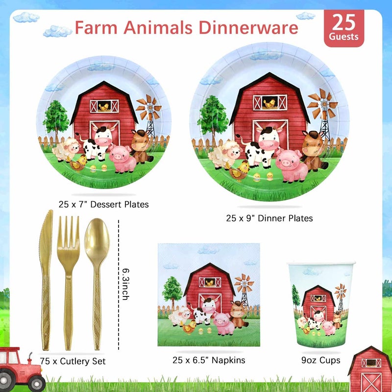 Heboland 175 Pcs Farm Birthday Decorations Plates Set 25 Guests, Farm Animals Theme Baby Shower Watercolor Paper Plates Napkins Cups Cutlery Set Party Supplies - Image 3