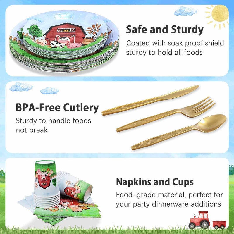 Heboland 175 Pcs Farm Birthday Decorations Plates Set 25 Guests, Farm Animals Theme Baby Shower Watercolor Paper Plates Napkins Cups Cutlery Set Party Supplies - Image 5