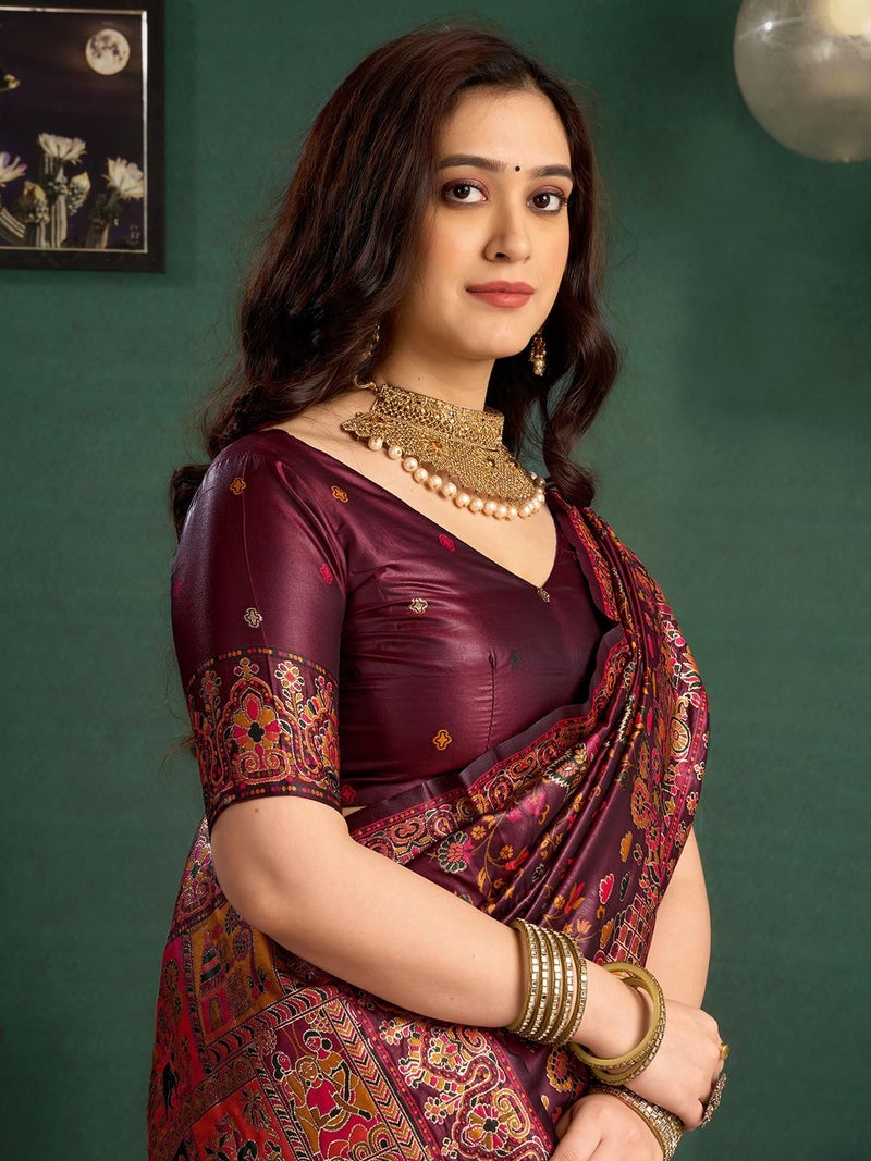 Satrani Women's Silk Kashmiri Minakari Weaving Saree with Unstitched Blouse Piece (4314S602N_Maroon) - Image 4