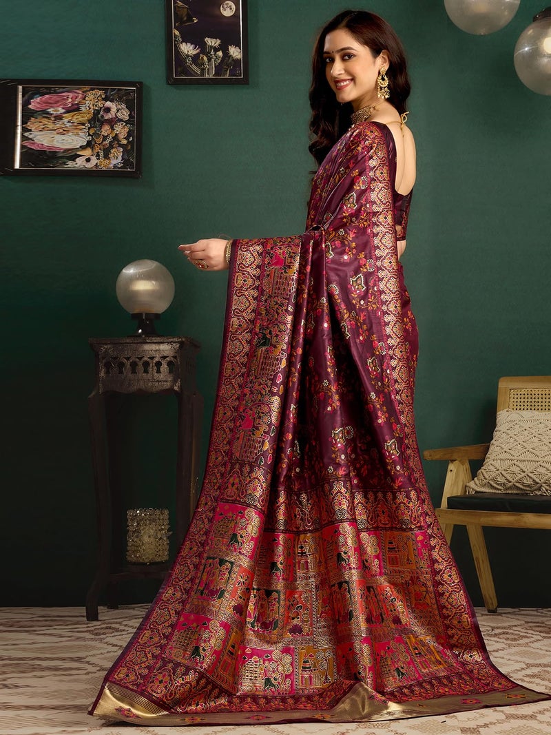Satrani Women's Silk Kashmiri Minakari Weaving Saree with Unstitched Blouse Piece (4314S602N_Maroon) - Image 3