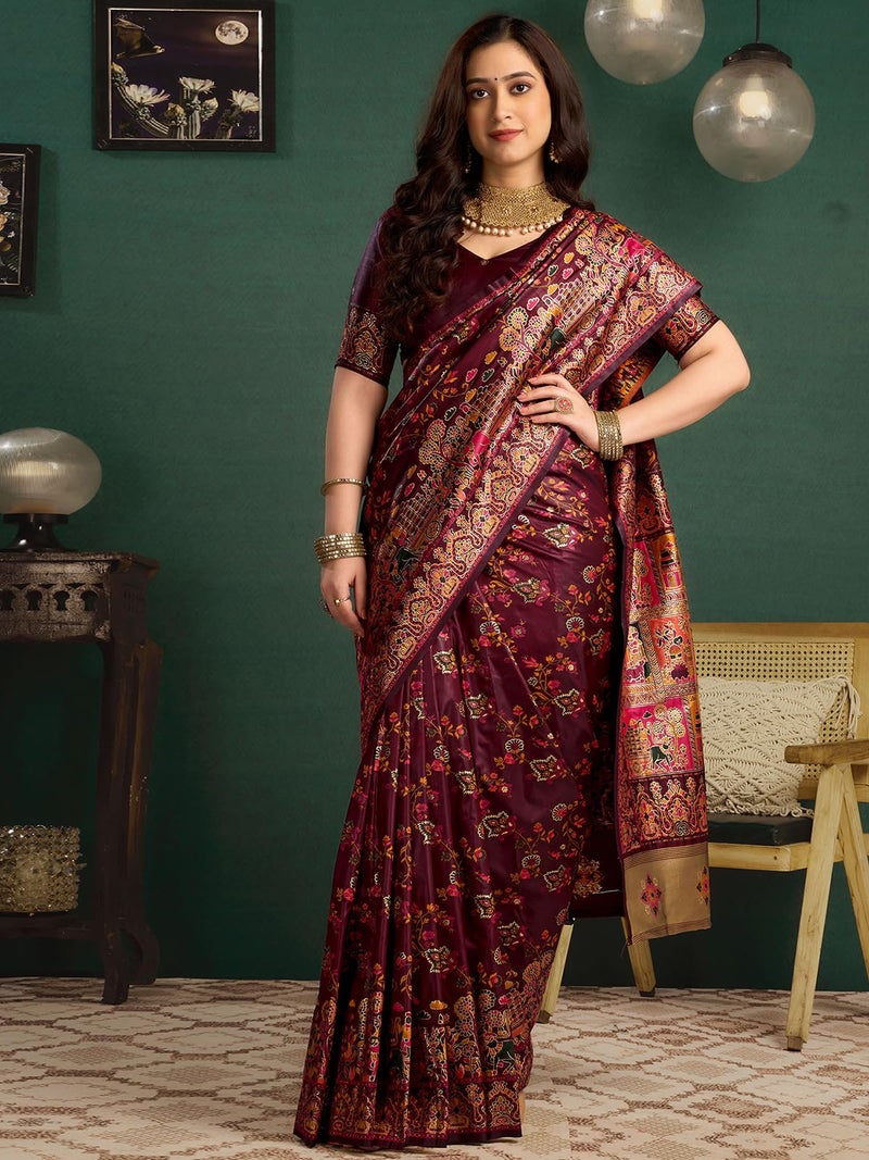 Satrani Women's Silk Kashmiri Minakari Weaving Saree with Unstitched Blouse Piece (4314S602N_Maroon) - Image 2