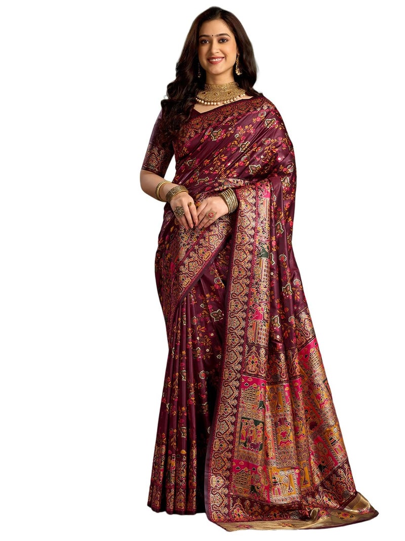 Satrani Women's Silk Kashmiri Minakari Weaving Saree with Unstitched Blouse Piece (4314S602N_Maroon) - Image 1