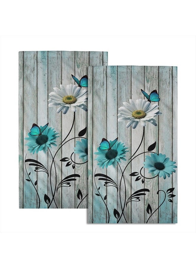 Giwawa Teal Floral Hand Towels Set of 2 Rustic Daisy Fingertip Towel Soft Absorbent Guest Bath Towel Kitchen Dish Towel for Spa Home Bathroom - Image 1