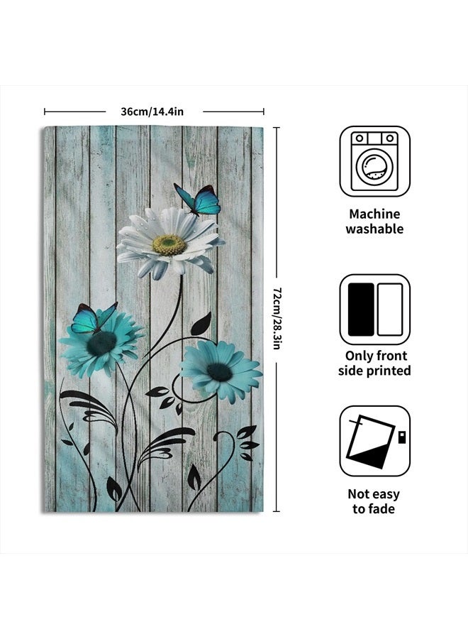 Giwawa Teal Floral Hand Towels Set of 2 Rustic Daisy Fingertip Towel Soft Absorbent Guest Bath Towel Kitchen Dish Towel for Spa Home Bathroom - Image 2