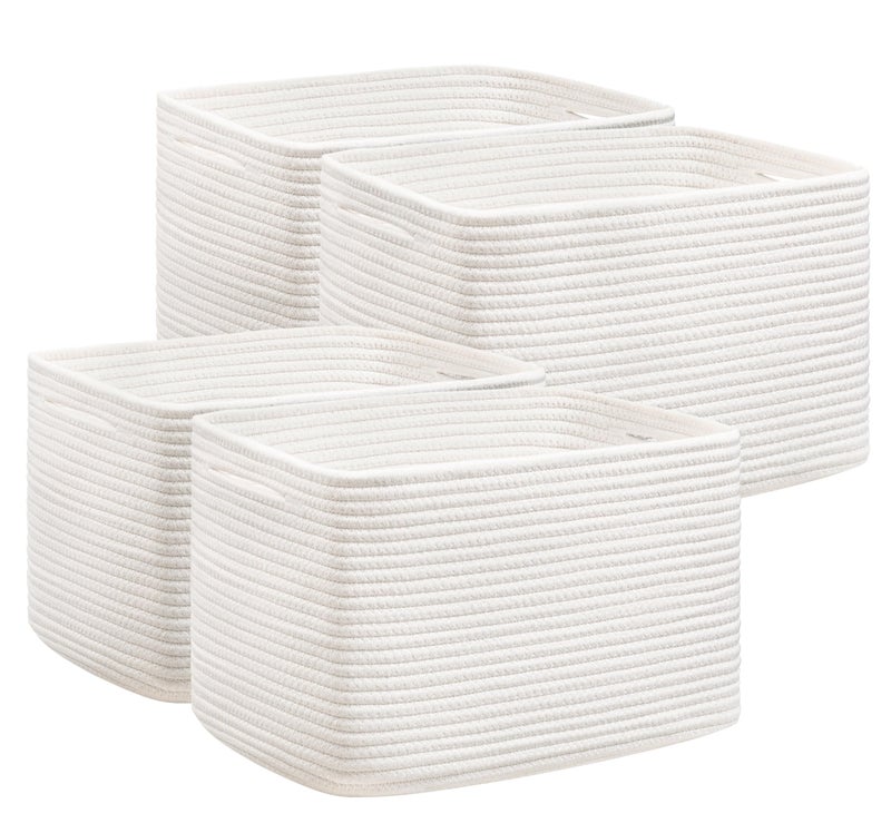 UBBCARE 4 Pack Baskets for Organizing, Woven Storage Baskets for Toys and Towel, Rectangle Cotton Rope Basket with Handles, 14''L x9''W x8''H, White - Image 1