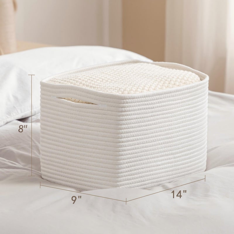 UBBCARE 4 Pack Baskets for Organizing, Woven Storage Baskets for Toys and Towel, Rectangle Cotton Rope Basket with Handles, 14''L x9''W x8''H, White - Image 2