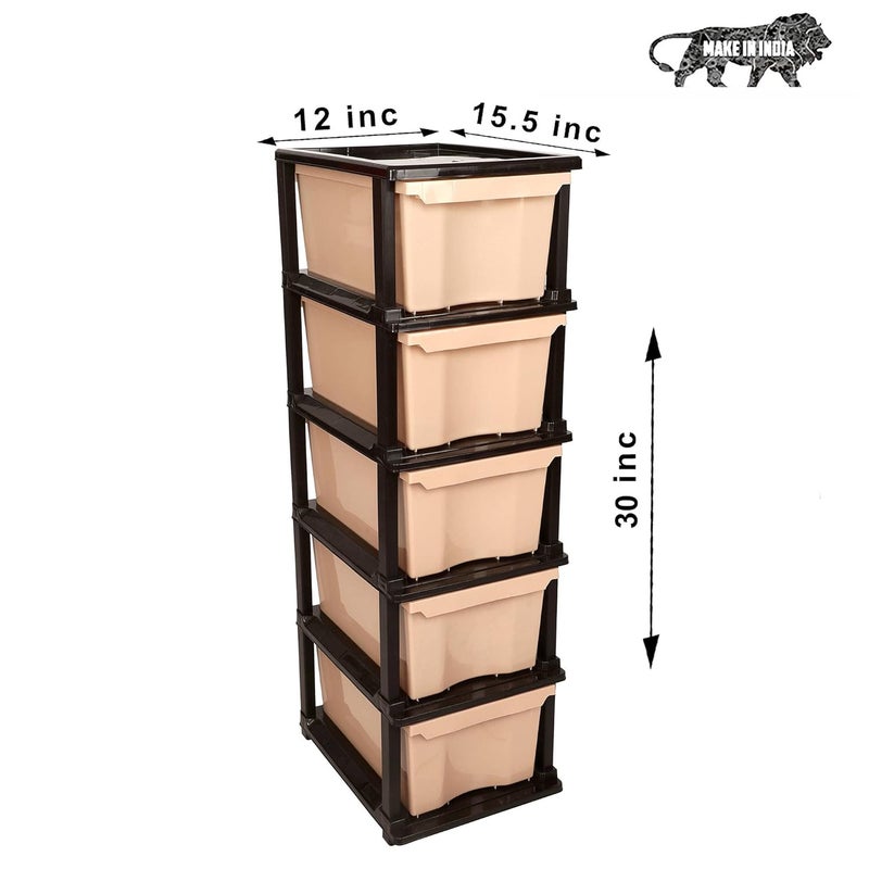 SIMPARTE Plastic MultiPurpose Modular Storage Cabinet Big XL Drawer for Home OfficeBrown Beige 5 Layer - Image 3