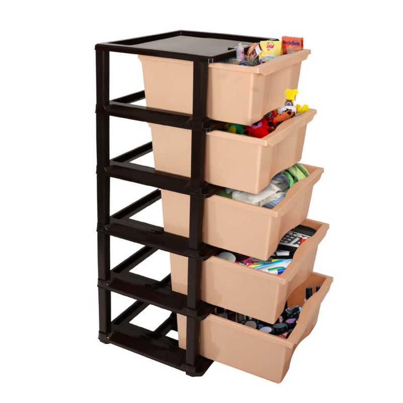 SIMPARTE Plastic MultiPurpose Modular Storage Cabinet Big XL Drawer for Home OfficeBrown Beige 5 Layer - Image 1