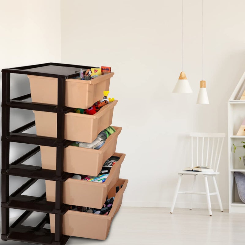 SIMPARTE Plastic MultiPurpose Modular Storage Cabinet Big XL Drawer for Home OfficeBrown Beige 5 Layer - Image 2