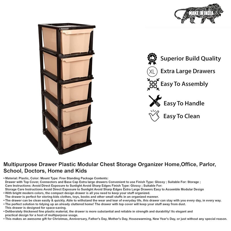 SIMPARTE Plastic MultiPurpose Modular Storage Cabinet Big XL Drawer for Home OfficeBrown Beige 5 Layer - Image 5