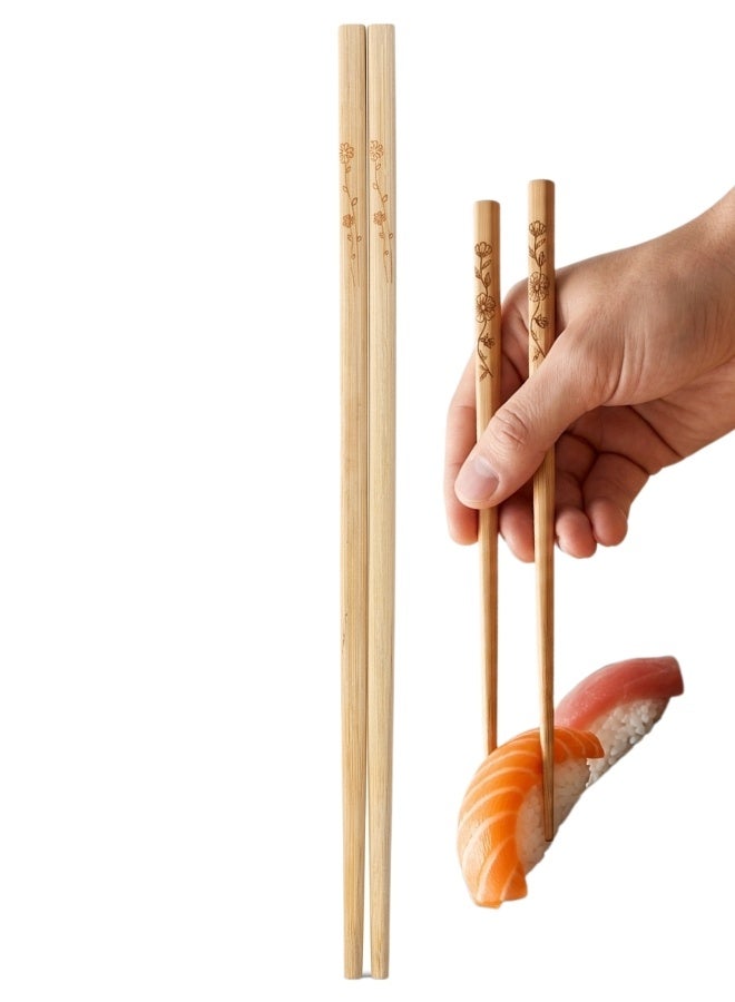 Wood Reusable Chopsticks Set, Natural Wood, Floral Design, 10 Pairs - Image 1