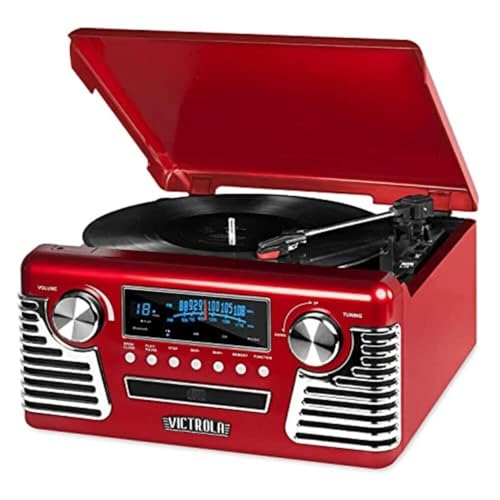 Victrola Haley Retro Bluetooth Record Player & Multimedia Center with Built-in Speakers - 3-Speed Turntable, CD Player, AM/FM Radio, 3.5mm Aux-In, Wireless Music Streaming, Red - Image 1