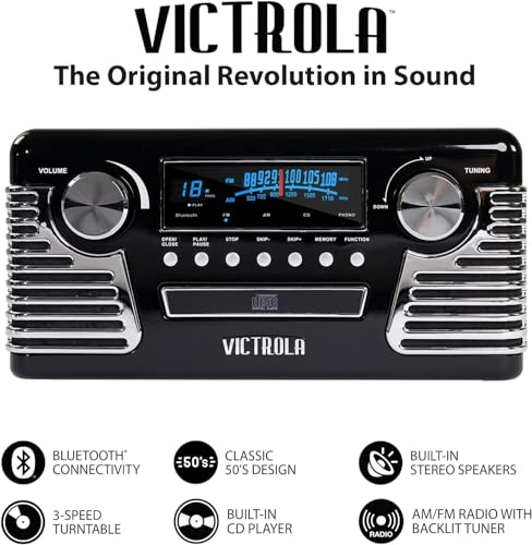 Victrola Haley Retro Bluetooth Record Player & Multimedia Center with Built-in Speakers - 3-Speed Turntable, CD Player, AM/FM Radio, 3.5mm Aux-In, Wireless Music Streaming, Red - Image 3
