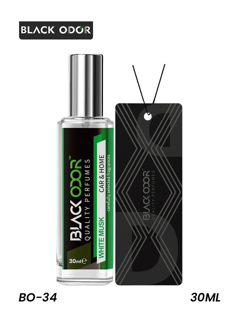 BLACK ODOR Car & Home Air Freshener Perfume Spray with Hanging Card – White Musk, Long-Lasting Essential Oil Scent, Alcohol-Free, Gas-Free, Natural Oil Formula, Compact 30ml Bottle for Living Room, Bedroom, Office, Washroom & Car Interior_ - Image 1