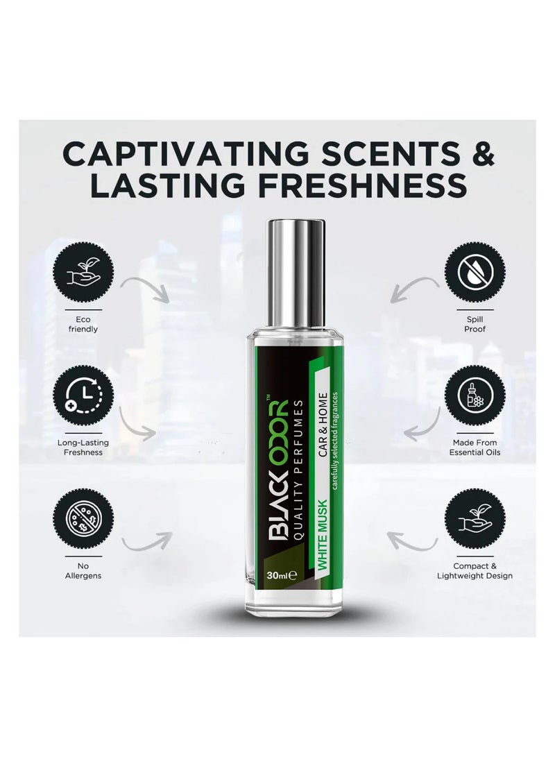 BLACK ODOR Car & Home Air Freshener Perfume Spray with Hanging Card – White Musk, Long-Lasting Essential Oil Scent, Alcohol-Free, Gas-Free, Natural Oil Formula, Compact 30ml Bottle for Living Room, Bedroom, Office, Washroom & Car Interior_ - Image 5