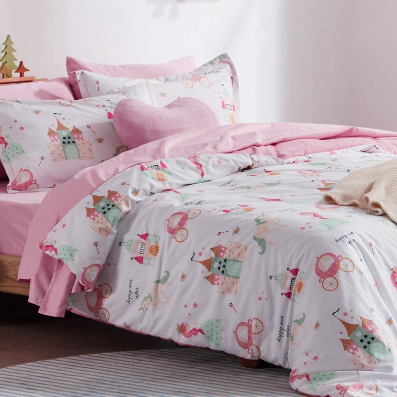 SLEEP ZONE Kids Duvet Cover Set Twin Size 2 Pieces  Super Soft  Cute Comforter Cover with 1 Pillow Sham Easy Care Zipper Closure Pink Castle Twin