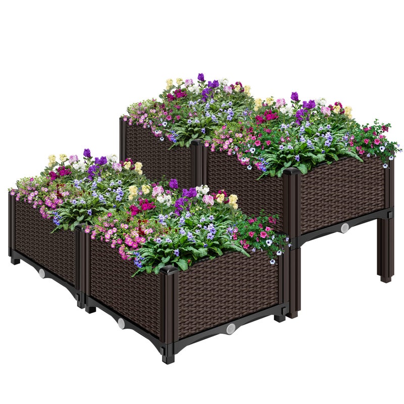 VIVOHOME VIVOHOME 4 Packs Elevated Plastic Raised Garden Bed Planter Kit Outdoor Planters Above Ground Flower Vegetable Standing Box for Patio Deck Porch WDrainage Holes 