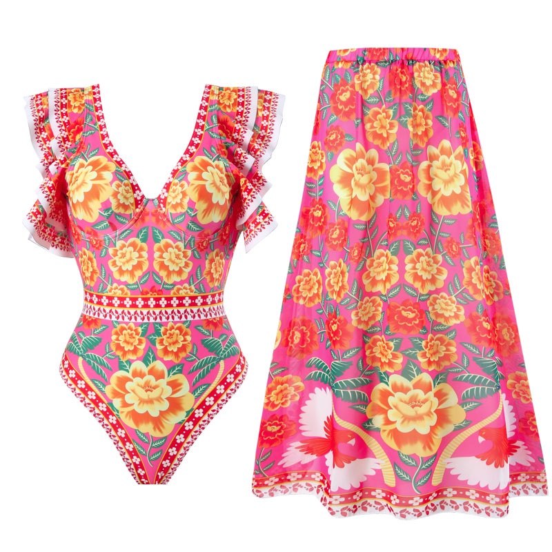 2025 Bohemian Style Retro French Style Fixed Print Fashion Trend New Style Body Dress Wrap Dress Suit - Image 3