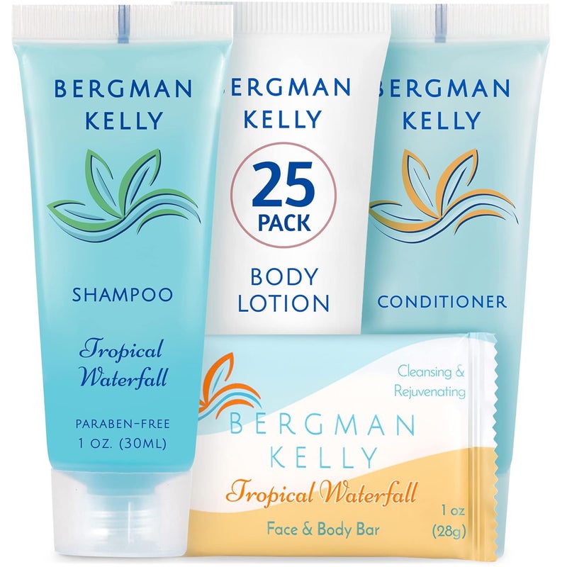 BERGMAN KELLY BERGMAN KELLY Hotel Toiletries Bundle (Tropical Waterfall, 1 oz each, 100 Pcs) 4-Piece Set: 25 Rectangular Bar Soap, 25 Shampoo, 25 Conditioner & 25 Body Lotion - Bulk Mini Guest Amenities Supply