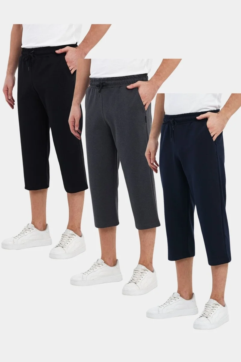 Men's 3-Pack Side Pocket Bermuda Shorts Below Knee Capri Adjustable Elastic Waist Long Shorts