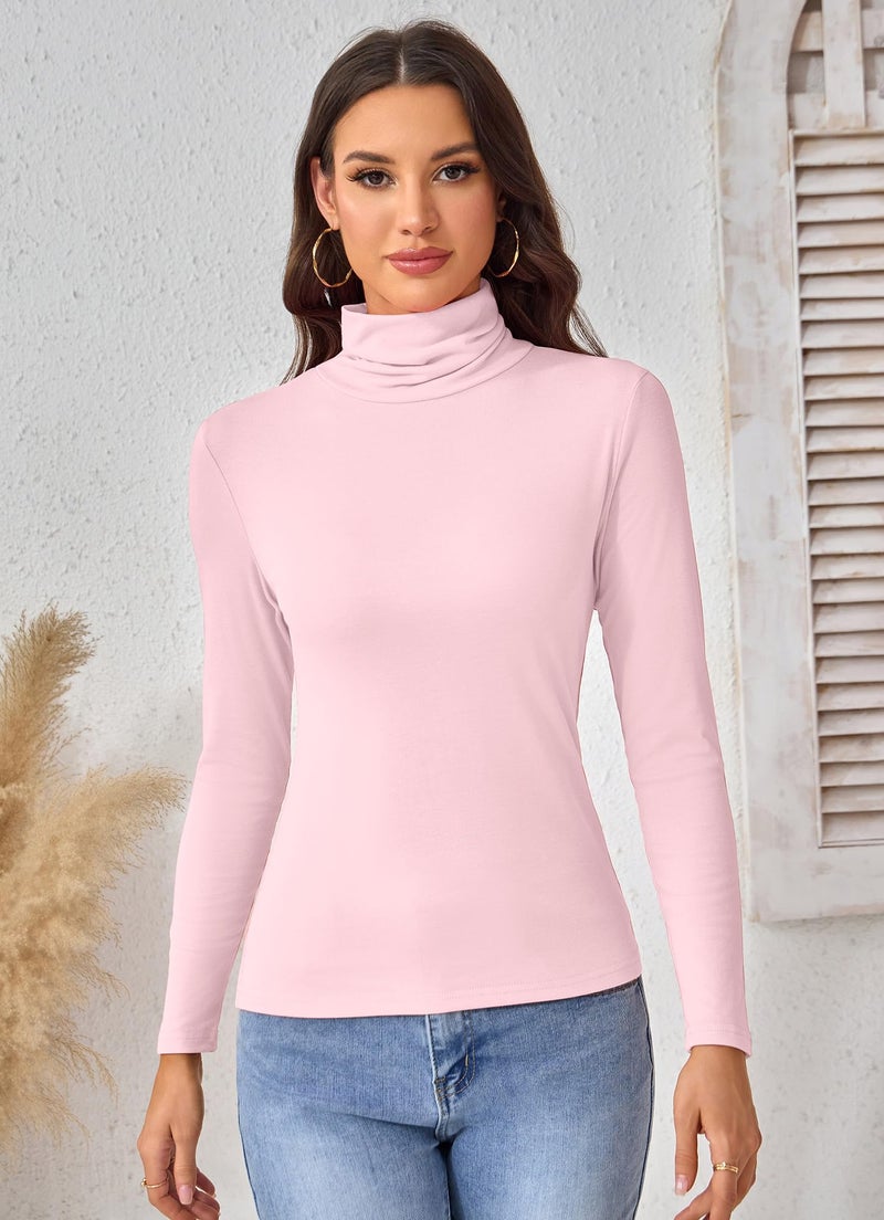 ACIEMR Turtleneck Tops for Women - Soft Long Sleeve Shirts, Slim Fit Basic Turtle Neck Tee for Fall, Winter, Office & Everyday Wear Light Pink Small - Image 4