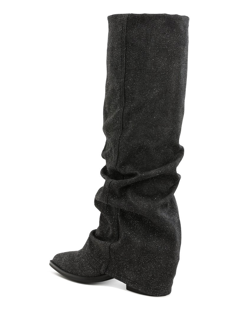 London Rag - Fold-Over Slouchy Denim Boot in Black - Image 1