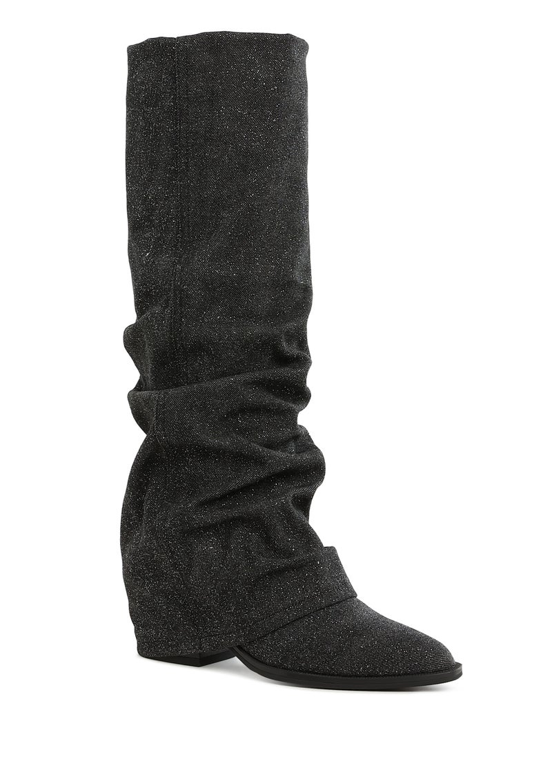 London Rag - Fold-Over Slouchy Denim Boot in Black - Image 1
