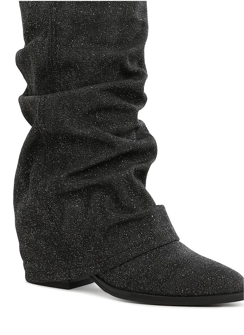 London Rag Fold-Over Slouchy Denim Boot in Black