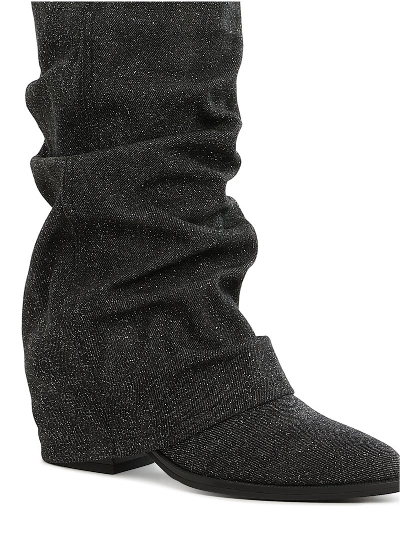 London Rag - Fold-Over Slouchy Denim Boot in Black - Image 1