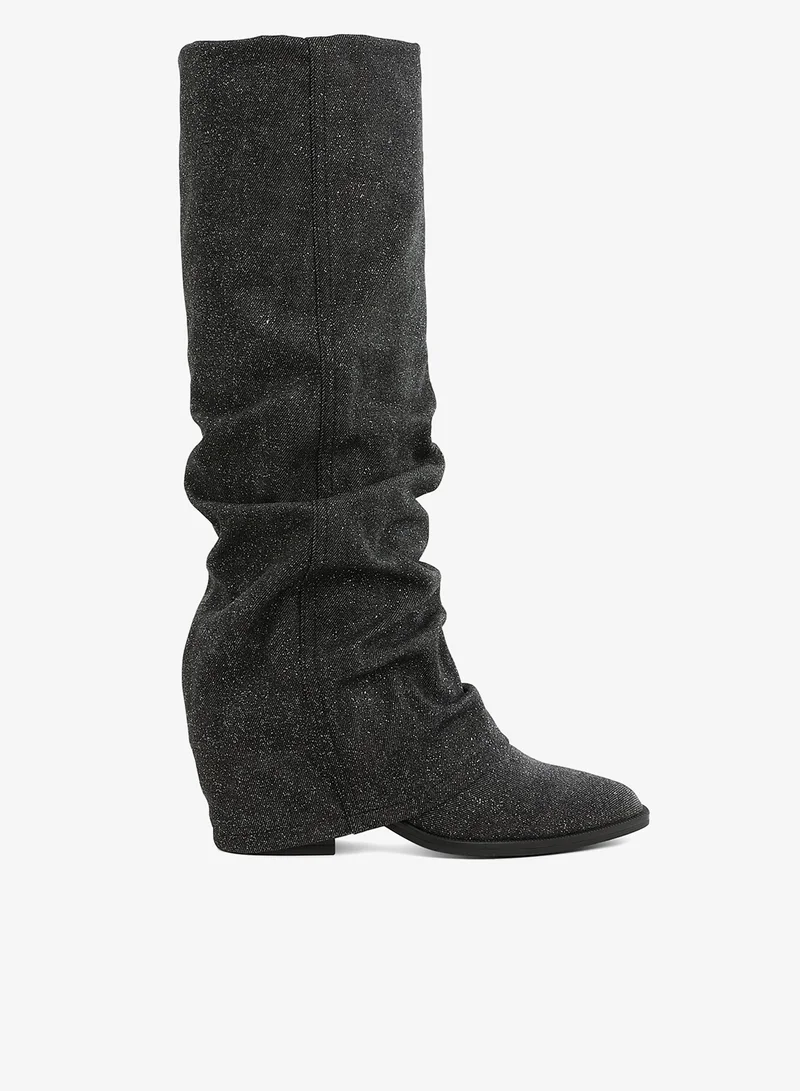 London Rag Fold-Over Slouchy Denim Boot in Black