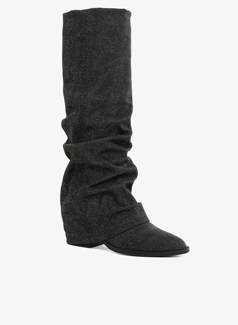 London Rag Fold-Over Slouchy Denim Boot in Black