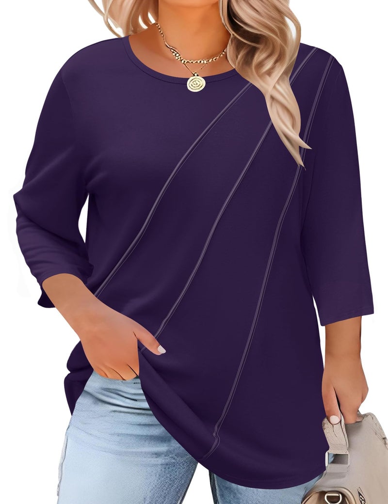LOMON Plus Size Fashion 3/4 Length Sleeve Womens Tops Long Sleeve Womens Fall Tops Summer Blouses for Women 2026 Purple 2X - Image 1