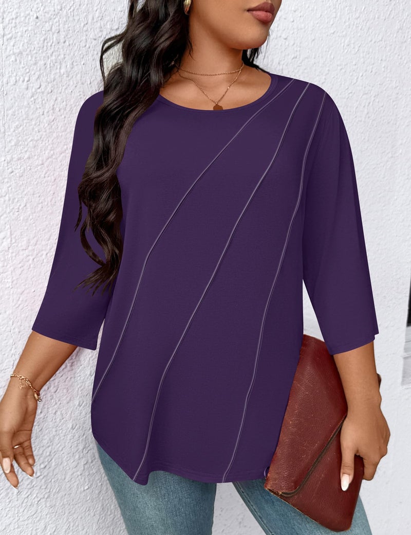 LOMON Plus Size Fashion 3/4 Length Sleeve Womens Tops Long Sleeve Womens Fall Tops Summer Blouses for Women 2026 Purple 2X - Image 4