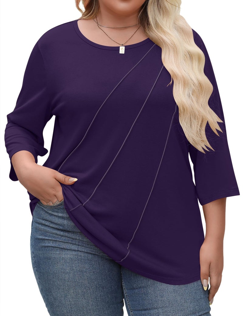 LOMON Plus Size Fashion 3/4 Length Sleeve Womens Tops Long Sleeve Womens Fall Tops Summer Blouses for Women 2026 Purple 2X - Image 2