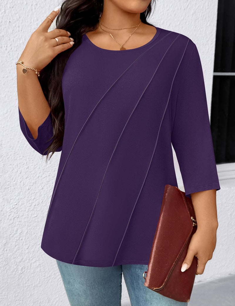 LOMON Plus Size Fashion 3/4 Length Sleeve Womens Tops Long Sleeve Womens Fall Tops Summer Blouses for Women 2026 Purple 2X - Image 5