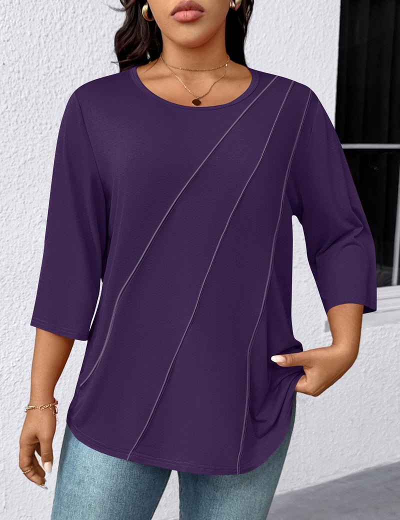 LOMON Plus Size Fashion 3/4 Length Sleeve Womens Tops Long Sleeve Womens Fall Tops Summer Blouses for Women 2026 Purple 2X - Image 3